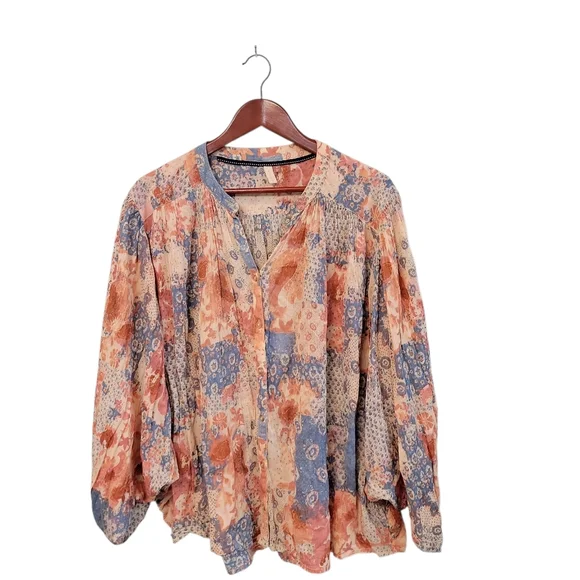 SOLD DO NOT BUY Batwing Floral Button Up Top Womens XL Boho Patch Festive - Picture 2 of 14